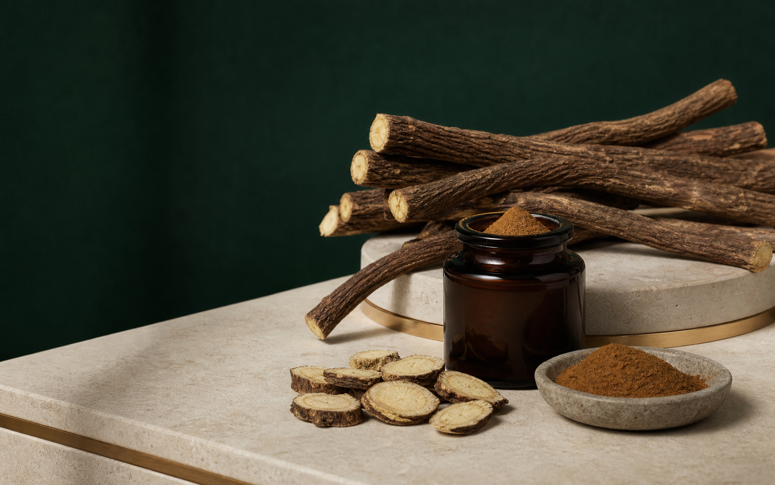 Editorial composition of licorice roots, slices and extract powder